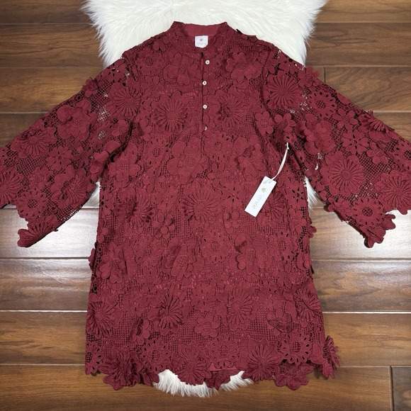 chinese dress ladies Wine Red Round Neckline Lace Beaded Long Sleeves Party Dress, A-line W –  Cutedressy main image 0
